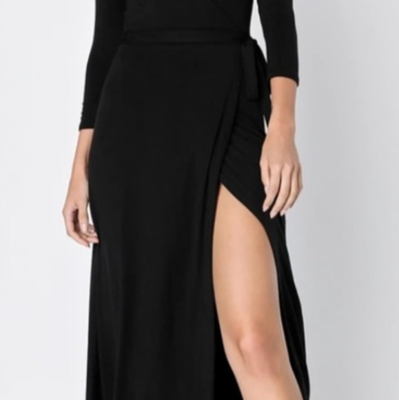 Lulu's Black Cocktail Gown with Slit and V-Neck - Picture 3 of 6